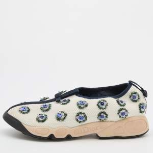 Dior White/Navy Blue Mesh Fusion Embellished Sneakers Size 40.5