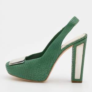 Dior Green Python Embellished Platform Slingback Pumps Size 39