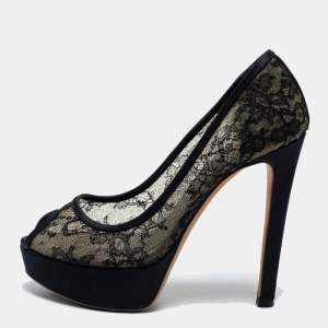Pre Owned Dior Black Lace And Suede Dior Lingerie Peep Toe Platform Pumps Size 36