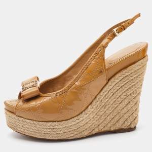 Pre Owned Dior Beige Cannage Patent Leather Espadrille Platform Wedge Slingback Pumps Size 38