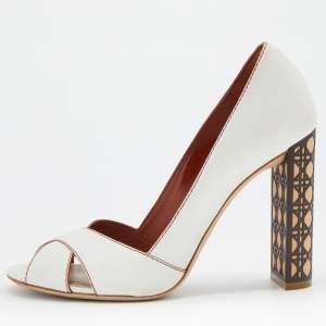 Dior White Leather Criss Cross Cannage Woodden Heel Open Toe Pumps Size 39