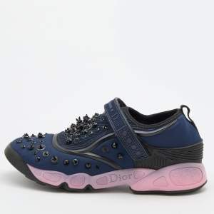 Pre Owned Dior Navy Blue/Black Fabric And Mesh Fusion Embellished Low Top Sneakers Size 39