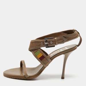 Pre Owned Dior Light Brown Leather and Canvas Ankle Strap Sandals Size 39