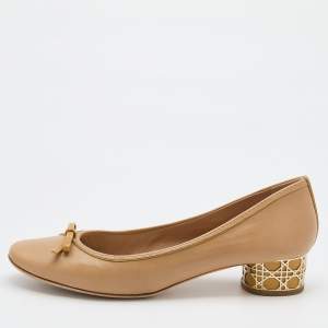 Dior Beige Leather Bow Detail Cannage Block Heel Pumps Size 39.5