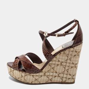 Dior Brown Croc Embossed Leather Wedge Ankle Strap Sandals Size 41