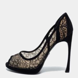 Pre Owned Dior Black/Beige Lace And Suede Dior Lingerie Peep Toe Platform Pumps Size 41