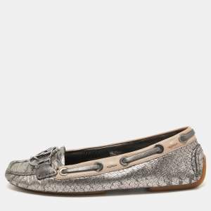 Dior Metallic Silver Python Embossed Leather CD Loafers Size 35