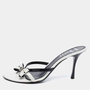 Dior White/Black Leather And Patent Studded Logo Bow Slides Size 39