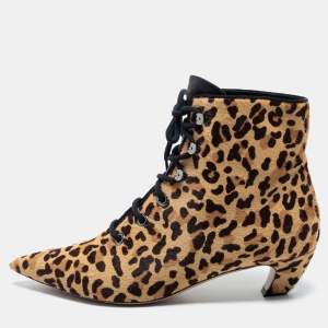 Dior Beige/Brown Leopard Print Calf Hair Ankle Length Boots Size 40