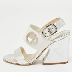 Dior White/Silver Leather CD Block Heel Ankle Strap Sandals Size 36