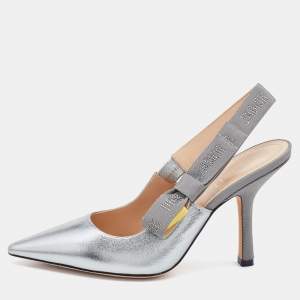 Dior Metallic Silver Leather J'Adior Slingback Pumps Size 36.5