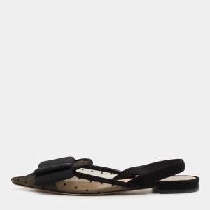 Dior Black/Beige Mesh And Suede Trim Polka Dot Bow Pointed Toe Slingback Mules Size 38