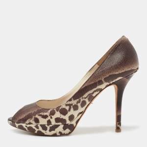 Pre Owned Dior Brown/Cream Karung Leather Peep Toe Pumps Size 39