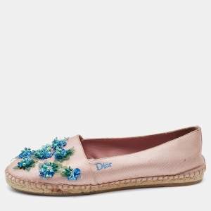Pre Owned Dior Light Pink Canvas Flower Embellished Espadrille Flats Size 39