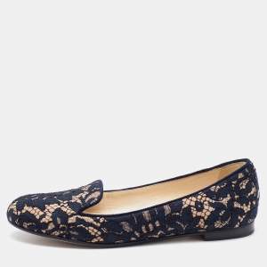 Dior Navy Blue/Beige Floral Lace and Suede Smoking Slippers Size 37.5