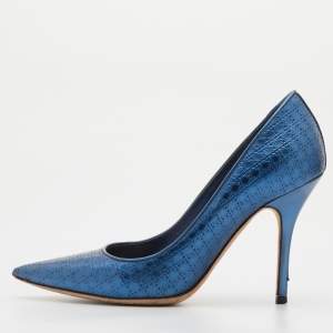 Pre Owned Dior Metallic Blue Micro Cannage Patent Leather Cherie Pointed Toe Pumps Size 36