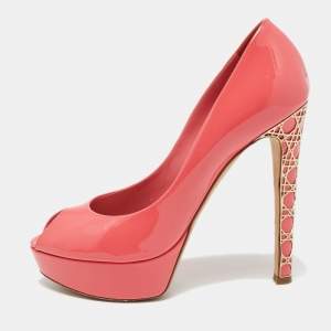 Dior Pink Patent Leather Cannage Heel Peep Toe Platform Pumps Size 38