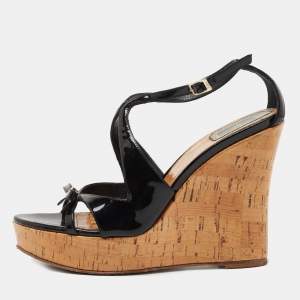 Dior Black Patent Wedge Ankle Strap Sandals Size 38.5