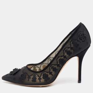 Dior Black Fabric Applique Embroidered Accent Pointed Toe Pumps Size 37