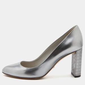 Dior Silver Leather Microcannage Block Heel Pumps Size 36