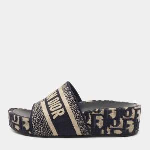 Dior Navy Blue/White Canvas Oblique Embroid D-way Slides Size 35