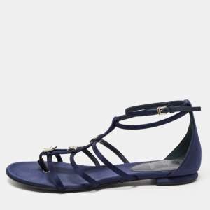 Dior Navy Blue Satin Crystal Embellished Star Flat Ankle Strap Sandals Size 38