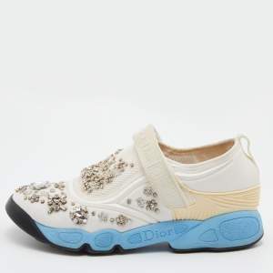 Pre Owned Dior White Stretch Fabric and Mesh Fusion Crystal Embellished Low Top Sneakers Size 36
