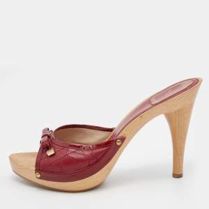 Dior Red Cannage Leather Wooden Platform Bow Clog Slide Sandals Size 39