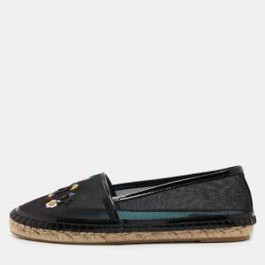 Pre Owned Dior Black Mesh and Patent Riviera Embroidered Espadrille Flats Size 36
