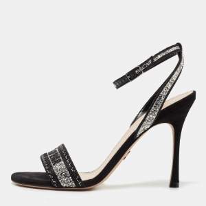 Dior Black/Silver Crystal Embellished Embroidered Canvas Dway Ankle Strap Sandals Size 39.5