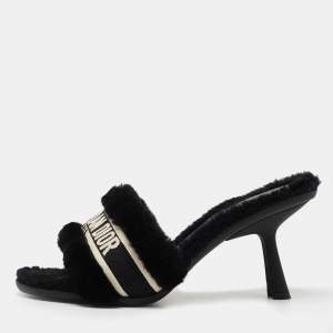 Dior Black Shearling Fur and Embroidered Canvas Dway Slide Sandals Size 40