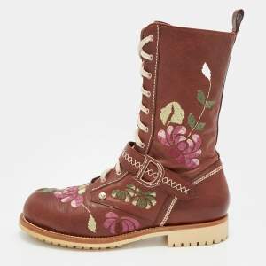 Dior Brown Leather Floral and Butterfly Embroidered Combat Boots Size 39