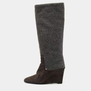 Dior Grey Suede and Wool Wedge Knee Length Boots Size 40.5