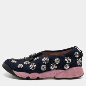 Dior Navy Blue Mesh Floral Embellished Fusion Slip On Sneakers Size 39.5