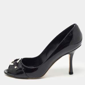 Dior Black Patent Leather CD Logo Peep Toe Pumps Size 37.5