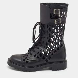 Dior Black Leather Laser cut Accents Combat Boots Size 37