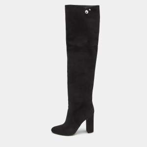 Dior Black  Suede Block Heel Knee Length Boots Size 38
