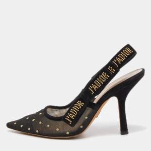 Dior Black Plumetis Mesh J'adior Studded Suede Pointed Toe Slingback Pumps Size 37.5