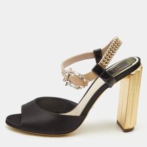 Dior Black/Beige Satin and Patent Leather Studded Ankle Strap Sandals Size 38.5