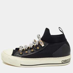 Dior Black Knit Fabric and Leather Walk'n'Dior High Top Sneakers Size 37