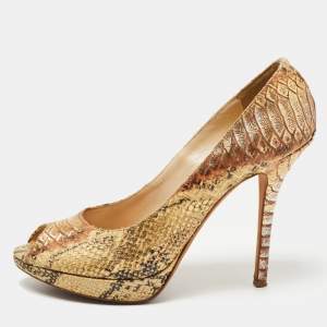 Dior Gold/Yellow Python Embossed Leather Miss Dior Peep-Toe Platform Pumps Size 40