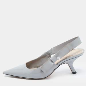 Pre Owned Dior Grey Patent Leather Bow Slingback Pumps Size 36