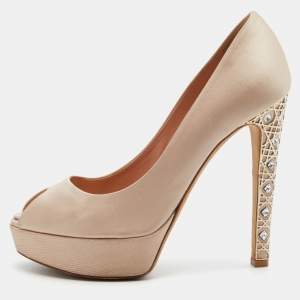 Pre Owned Dior Beige Satin Cannage Heel Peep-Toe Platform Pumps Size 39