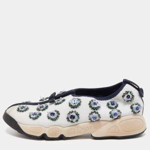 Pre Owned Dior White/Navy Blue Crystal Embellished Mesh Fusion Sneakers Size 38