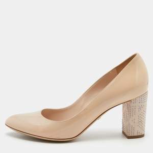 Dior Beige Patent Leather Stud Embellished Block Heel Pumps Size 38.5