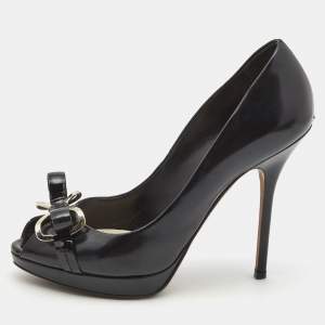 Dior Black Leather Bow Detail Peep Toe Platform Pumps Size 37