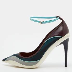 Pre Owned Dior Multicolor Knit Fabric, Leather and Satin Pointed Toe Ankle Strap Pumps Size 39