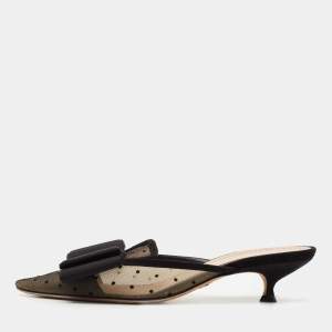 Dior Black Polka Dot Mesh and Canvas Bow Pointed Toe Mules Size 37