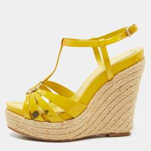 Dior Yellow Patent Leather CD T-Strap Espadrille Wedge Sandals Size 36.5