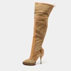 Dior Beige/Grey Suede and Leather Knee Length Boots Size 41